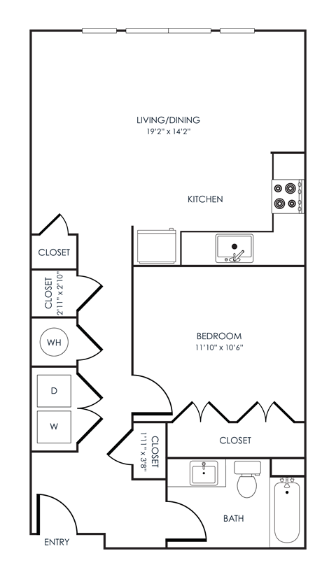 Floor plan for 1 bed, 1 bath, 745 sqft